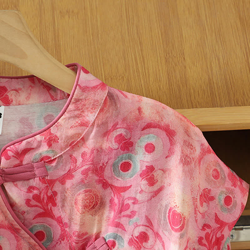 Buddha Stones Summer Elegant Mandarin Collar Side Slit Floral Print Women's Sleeveless Shirts - image 19