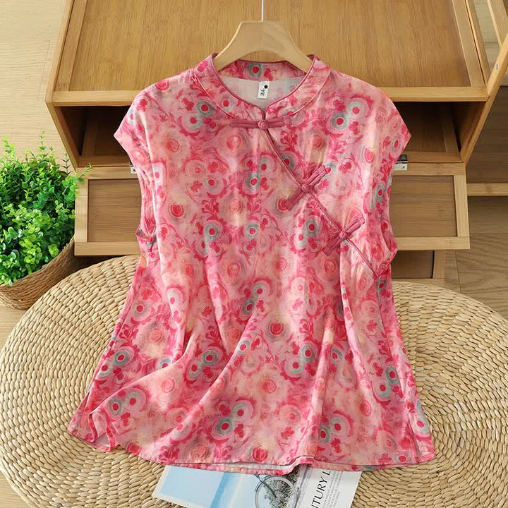 Buddha Stones Summer Elegant Mandarin Collar Side Slit Floral Print Women's Sleeveless Shirts - PaleVioletRed - US14，UK/AU18，EU46 (2XL) - image 15