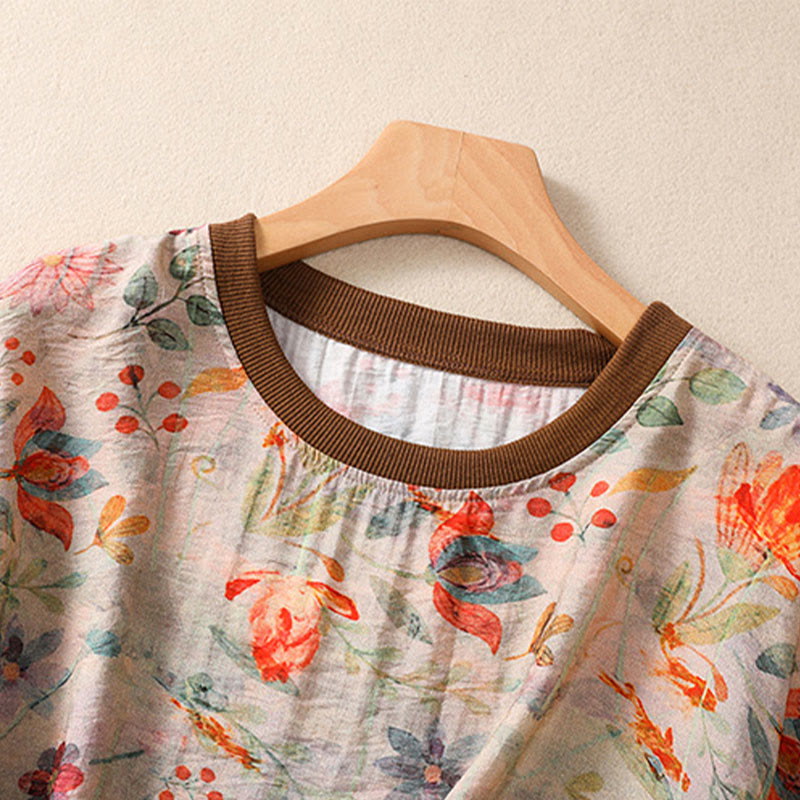 Buddha Stones Summer Vintage Crew Neck Floral Print Women's Short Sleeve T-Shirts - image 2