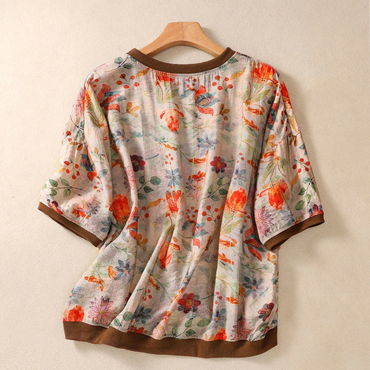 Buddha Stones Summer Vintage Crew Neck Floral Print Women's Short Sleeve T-Shirts - image 1