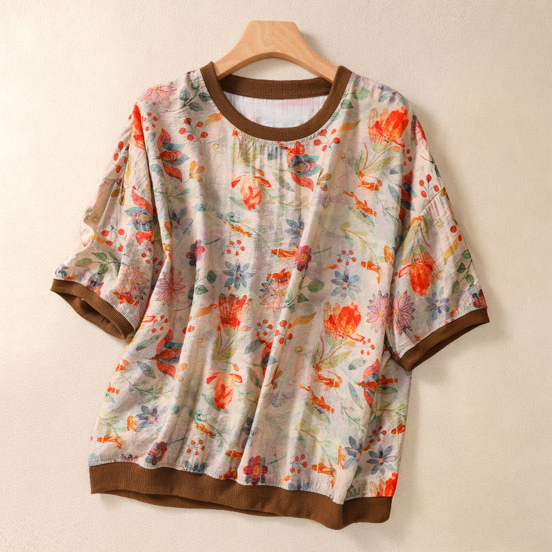 Buddha Stones Summer Vintage Crew Neck Floral Print Women's Short Sleeve T-Shirts - Wheat - US14，UK/AU18，EU46 (2XL) - image 0