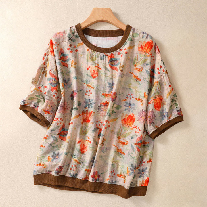 Buddha Stones Summer Vintage Crew Neck Floral Print Women's Short Sleeve T-Shirts - Wheat - US14，UK/AU18，EU46 (2XL) - image 0