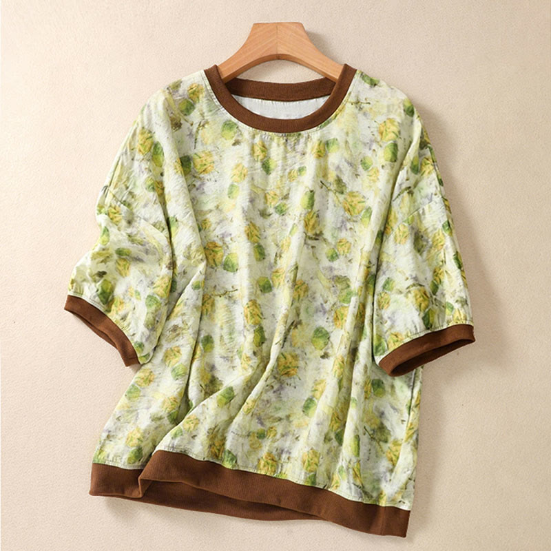 Buddha Stones Summer Vintage Crew Neck Floral Print Women's Short Sleeve T-Shirts - YellowGreen - US14，UK/AU18，EU46 (2XL) - image 7
