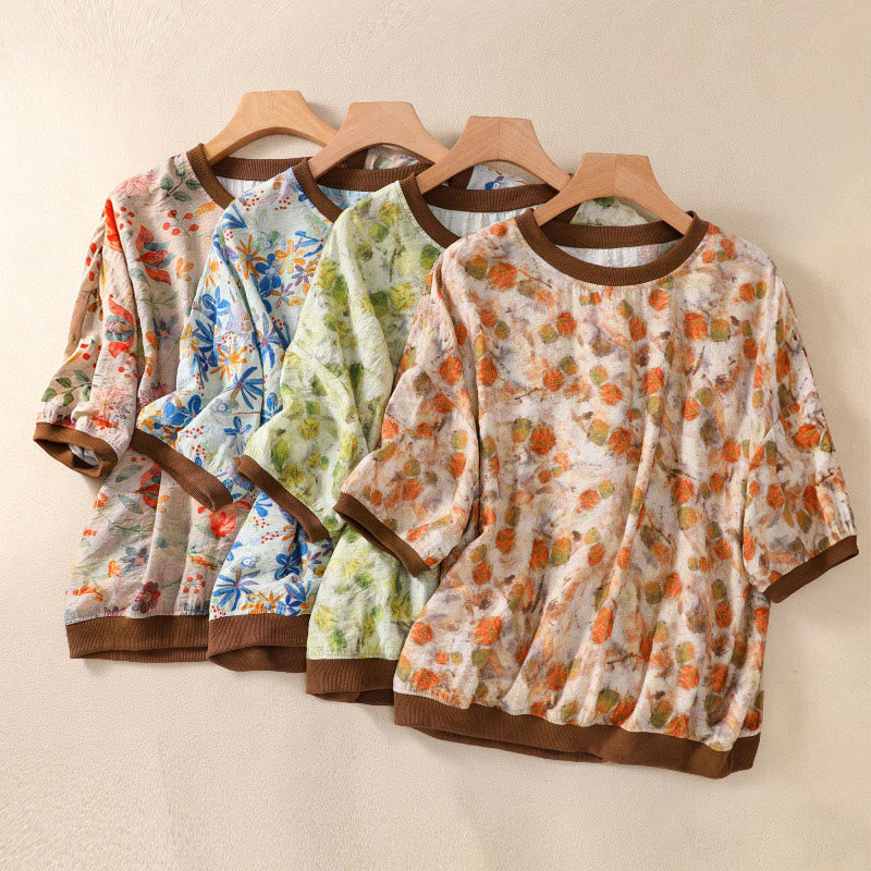 Buddha Stones Summer Vintage Crew Neck Floral Print Women's Short Sleeve T-Shirts - image 24