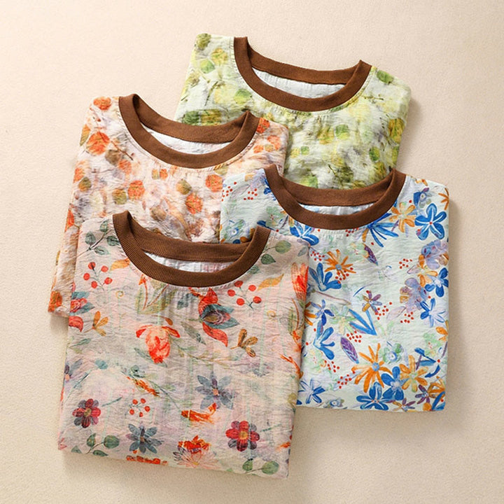 Buddha Stones Summer Vintage Crew Neck Floral Print Women's Short Sleeve T-Shirts - image 25