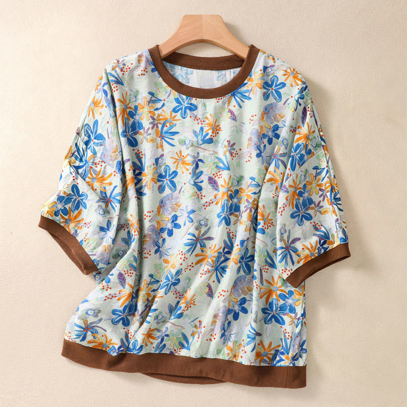 Buddha Stones Summer Vintage Crew Neck Floral Print Women's Short Sleeve T-Shirts - LightBlue - US14，UK/AU18，EU46 (2XL) - image 21