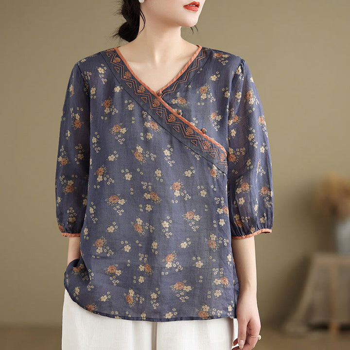 Buddha Stones Summer Vintage Floral V-Neck Women's Elbow-Length Sleeve Shirts - DarkSlateBlue - US8-10，UK/AU12-14，EU40-42 (2XL) - image 0