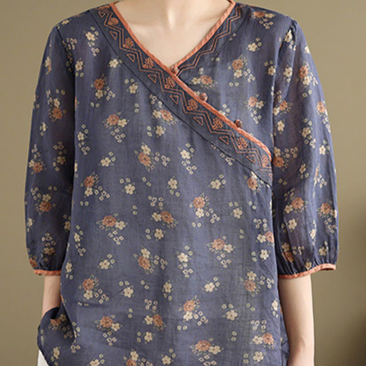 Buddha Stones Summer Vintage Floral V-Neck Women's Elbow-Length Sleeve Shirts - image 3