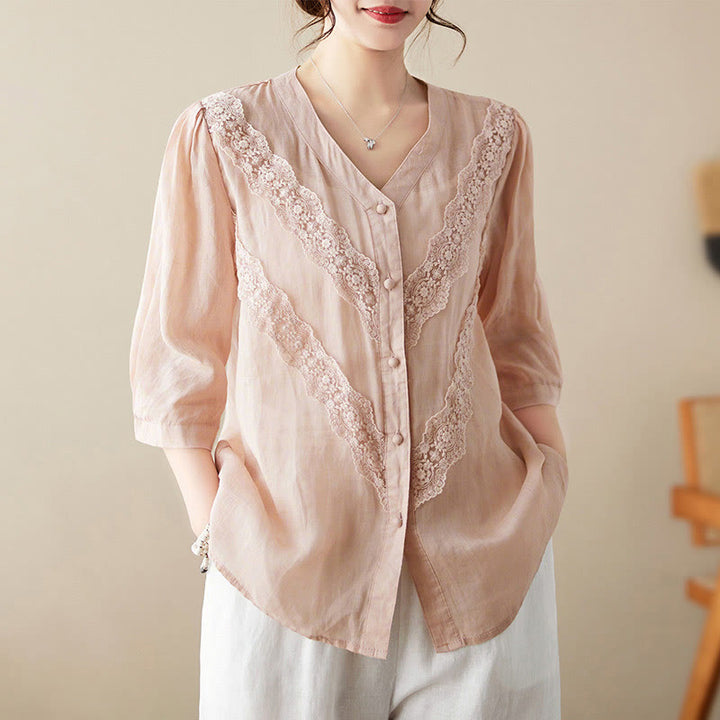 Buddha Stones Summer Solid V-Neck Lace-trimmed Women's Elbow-Length Sleeve Shirts - LightPink - US8-10，UK/AU12-14，EU40-42 (2XL) - image 21