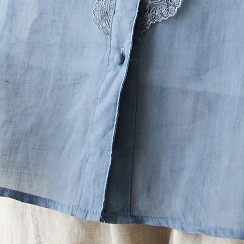 Buddha Stones Summer Solid V-Neck Lace-trimmed Women's Elbow-Length Sleeve Shirts - image 20