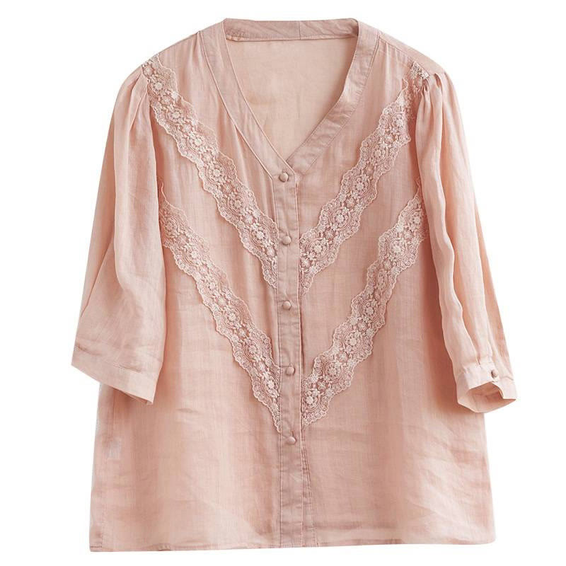 Buddha Stones Summer Solid V-Neck Lace-trimmed Women's Elbow-Length Sleeve Shirts - image 27