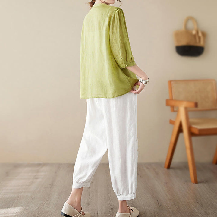 Buddha Stones Summer Solid V-Neck Lace-trimmed Women's Elbow-Length Sleeve Shirts - image 4