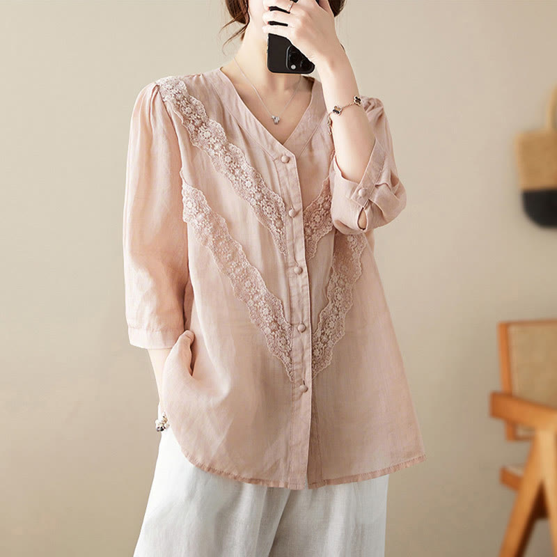 Buddha Stones Summer Solid V-Neck Lace-trimmed Women's Elbow-Length Sleeve Shirts - image 26