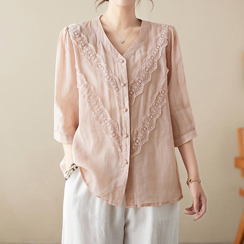 Buddha Stones Summer Solid V-Neck Lace-trimmed Women's Elbow-Length Sleeve Shirts - image 22