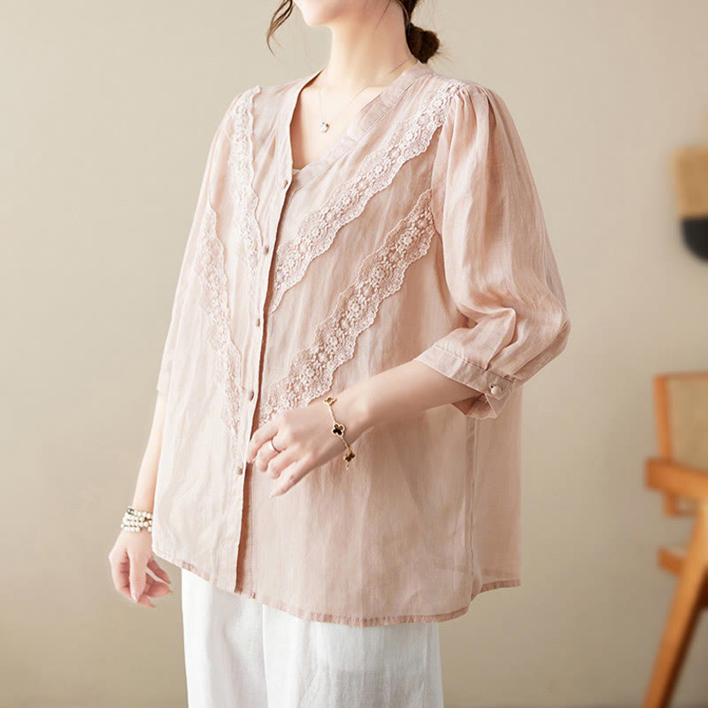 Buddha Stones Summer Solid V-Neck Lace-trimmed Women's Elbow-Length Sleeve Shirts - image 23