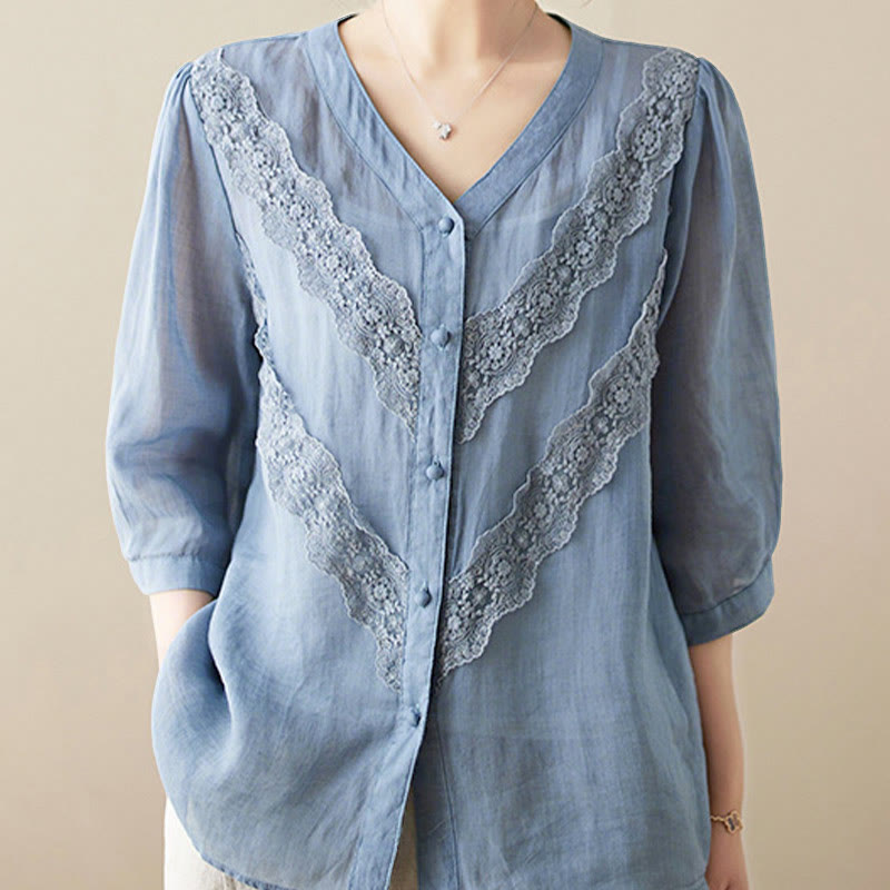 Buddha Stones Summer Solid V-Neck Lace-trimmed Women's Elbow-Length Sleeve Shirts - LightSteelBlue - US8-10，UK/AU12-14，EU40-42 (2XL) - image 11