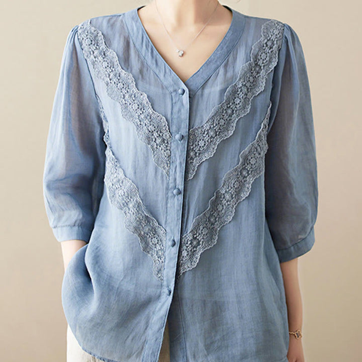 Buddha Stones Summer Solid V-Neck Lace-trimmed Women's Elbow-Length Sleeve Shirts - LightSteelBlue - US8-10，UK/AU12-14，EU40-42 (2XL) - image 11