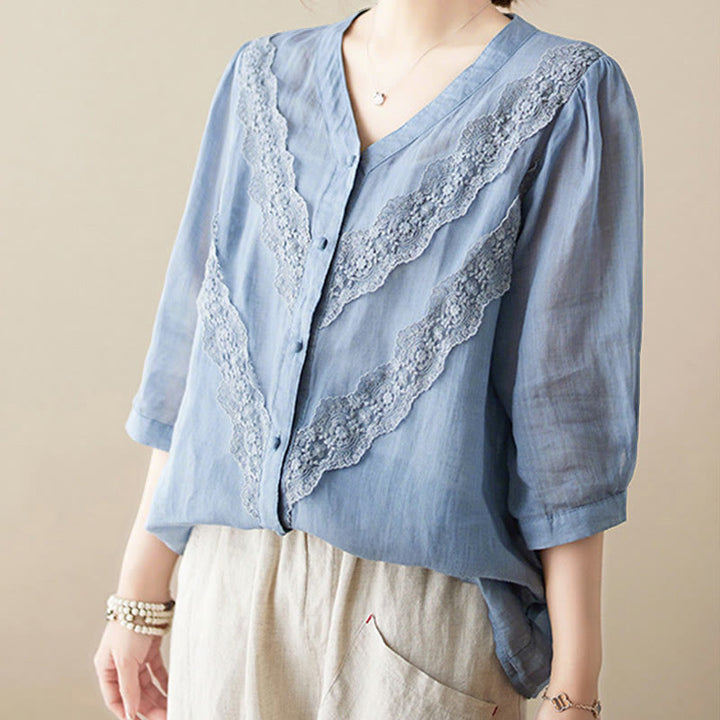Buddha Stones Summer Solid V-Neck Lace-trimmed Women's Elbow-Length Sleeve Shirts - image 14
