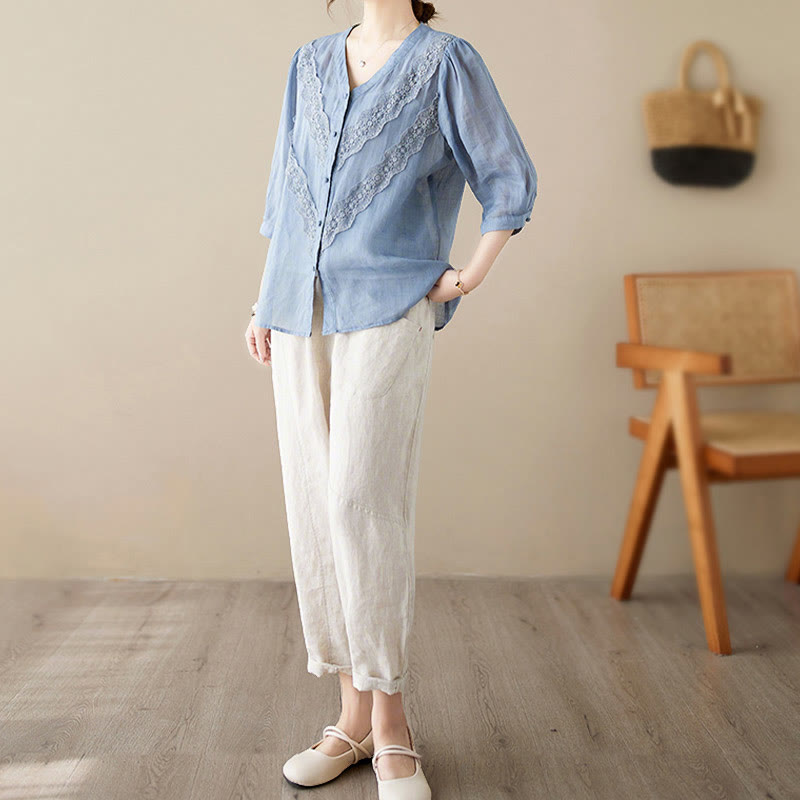 Buddha Stones Summer Solid V-Neck Lace-trimmed Women's Elbow-Length Sleeve Shirts - image 17