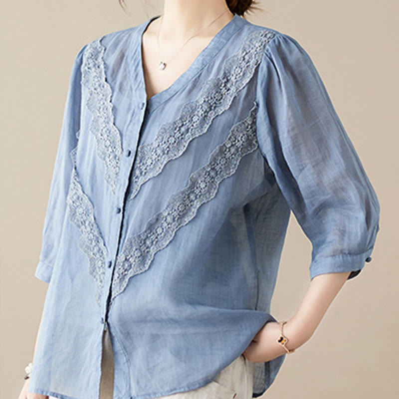Buddha Stones Summer Solid V-Neck Lace-trimmed Women's Elbow-Length Sleeve Shirts - image 15