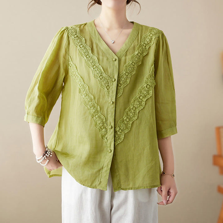 Buddha Stones Summer Solid V-Neck Lace-trimmed Women's Elbow-Length Sleeve Shirts - YellowGreen - US8-10，UK/AU12-14，EU40-42 (2XL) - image 0