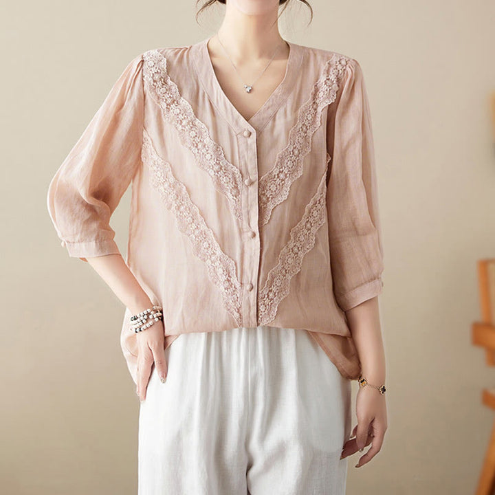 Buddha Stones Summer Solid V-Neck Lace-trimmed Women's Elbow-Length Sleeve Shirts - image 24