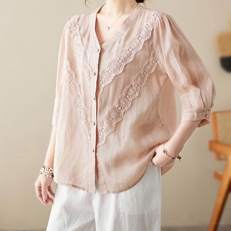 Buddha Stones Summer Solid V-Neck Lace-trimmed Women's Elbow-Length Sleeve Shirts - image 25