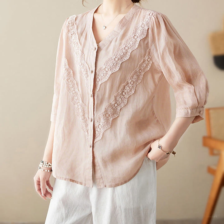 Buddha Stones Summer Solid V-Neck Lace-trimmed Women's Elbow-Length Sleeve Shirts - image 25