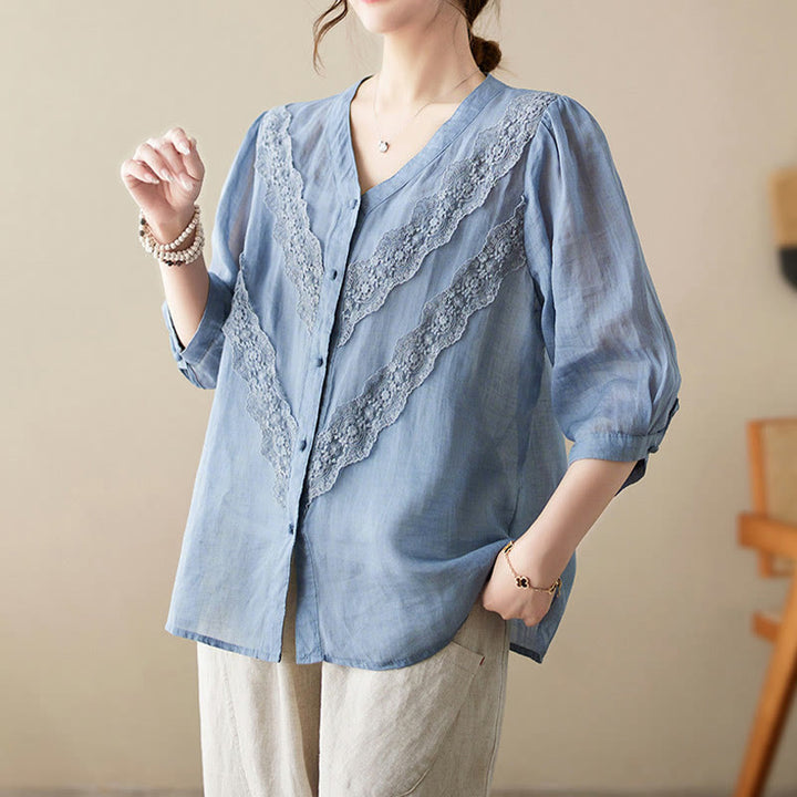 Buddha Stones Summer Solid V-Neck Lace-trimmed Women's Elbow-Length Sleeve Shirts - image 12