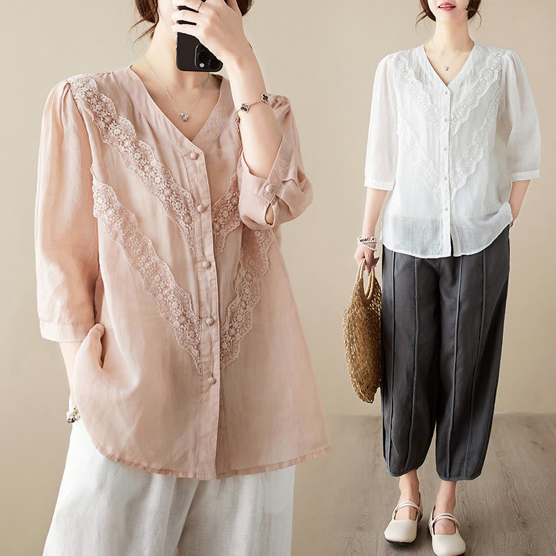 Buddha Stones Summer Solid V-Neck Lace-trimmed Women's Elbow-Length Sleeve Shirts - image 28
