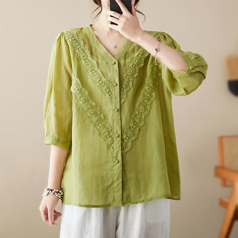 Buddha Stones Summer Solid V-Neck Lace-trimmed Women's Elbow-Length Sleeve Shirts - image 1
