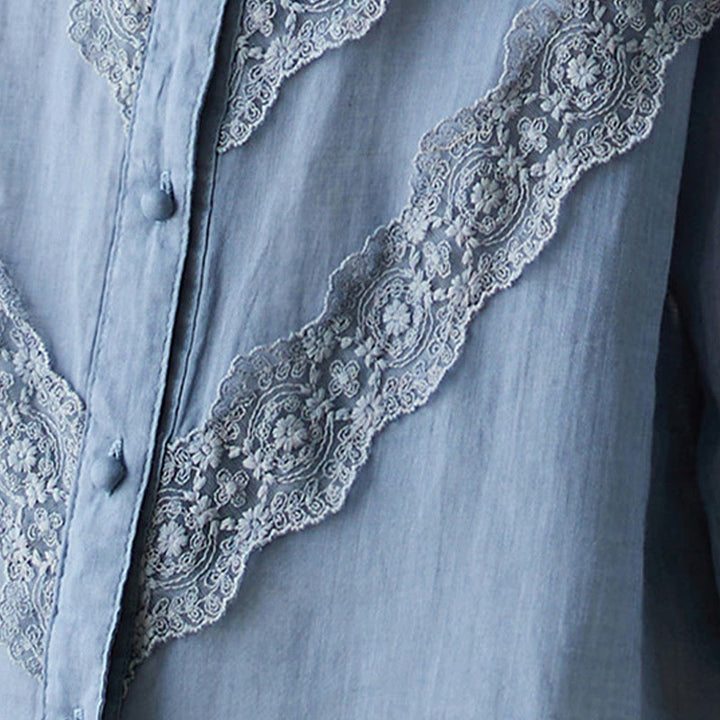 Buddha Stones Summer Solid V-Neck Lace-trimmed Women's Elbow-Length Sleeve Shirts - image 19