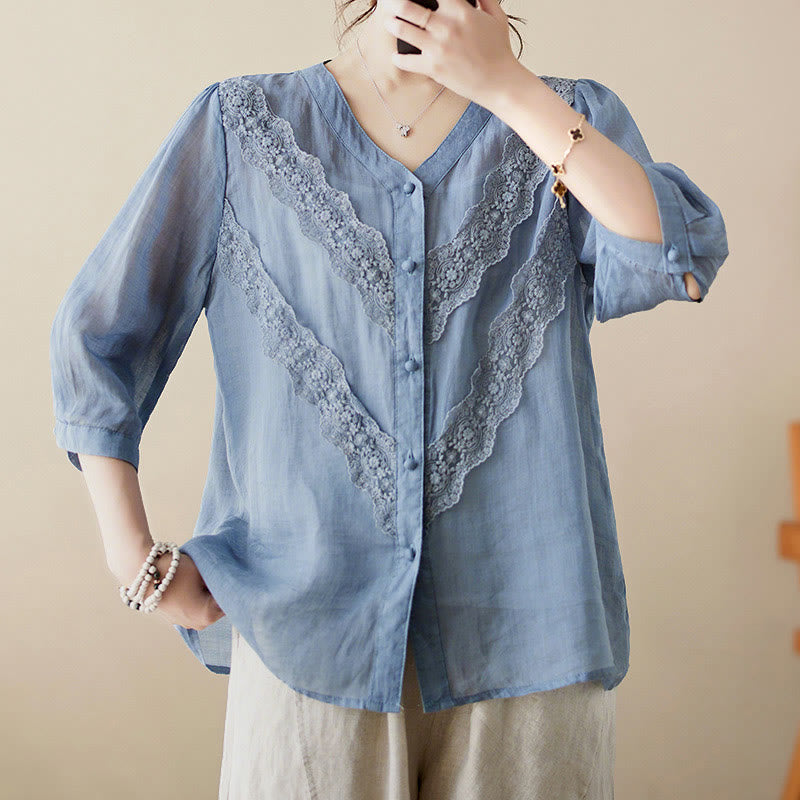 Buddha Stones Summer Solid V-Neck Lace-trimmed Women's Elbow-Length Sleeve Shirts - image 16