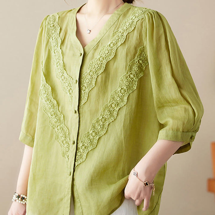Buddha Stones Summer Solid V-Neck Lace-trimmed Women's Elbow-Length Sleeve Shirts - image 2