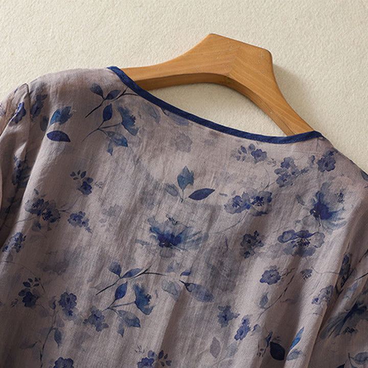 Buddha Stones Summer Frog Button Floral Crew Neck Women's Elbow-Length Sleeve Shirts - image 3