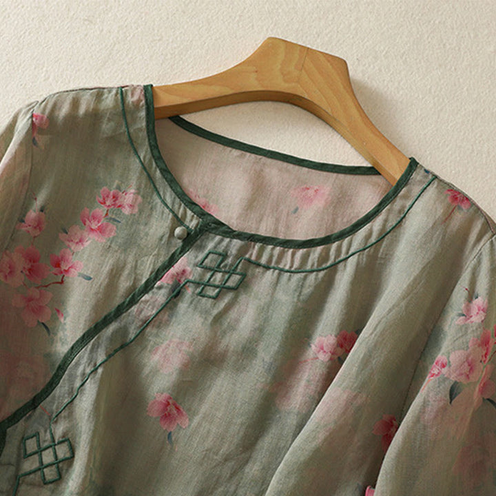 Buddha Stones Summer Frog Button Floral Crew Neck Women's Elbow-Length Sleeve Shirts - image 17