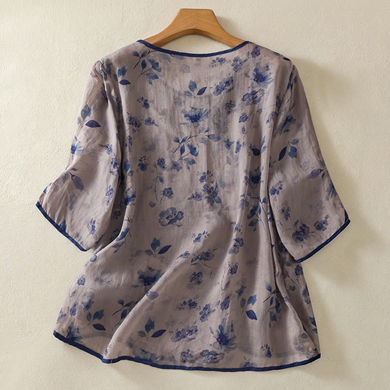 Buddha Stones Summer Frog Button Floral Crew Neck Women's Elbow-Length Sleeve Shirts - image 1