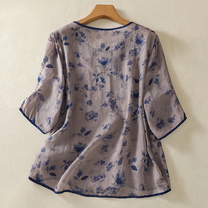 Buddha Stones Summer Frog Button Floral Crew Neck Women's Elbow-Length Sleeve Shirts - image 1
