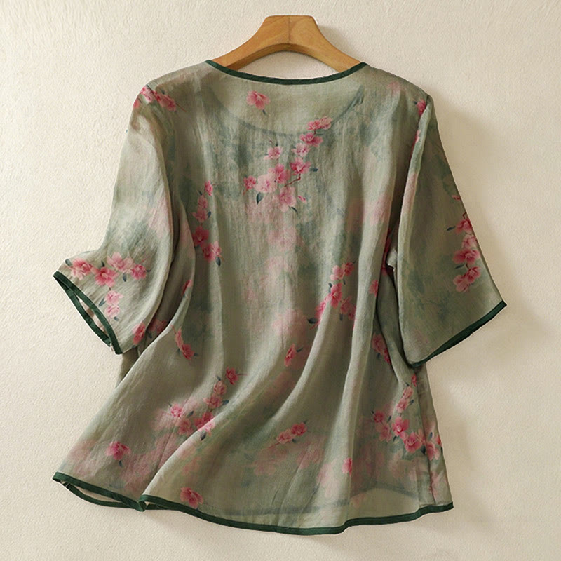 Buddha Stones Summer Frog Button Floral Crew Neck Women's Elbow-Length Sleeve Shirts - image 16