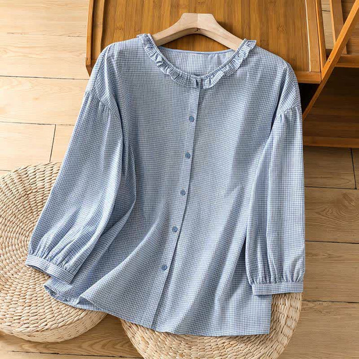 Buddha Stones Spring Button-Up Gingham Women's Long Sleeve Shirts - PowderBlue - US8-10，UK/AU12-14，EU40-42 (2XL) - image 9
