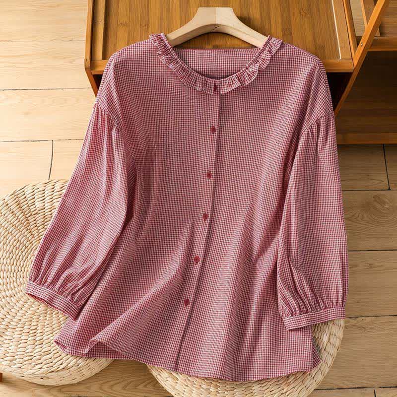 Buddha Stones Spring Button-Up Gingham Women's Long Sleeve Shirts - LightCoral - US8-10，UK/AU12-14，EU40-42 (2XL) - image 0