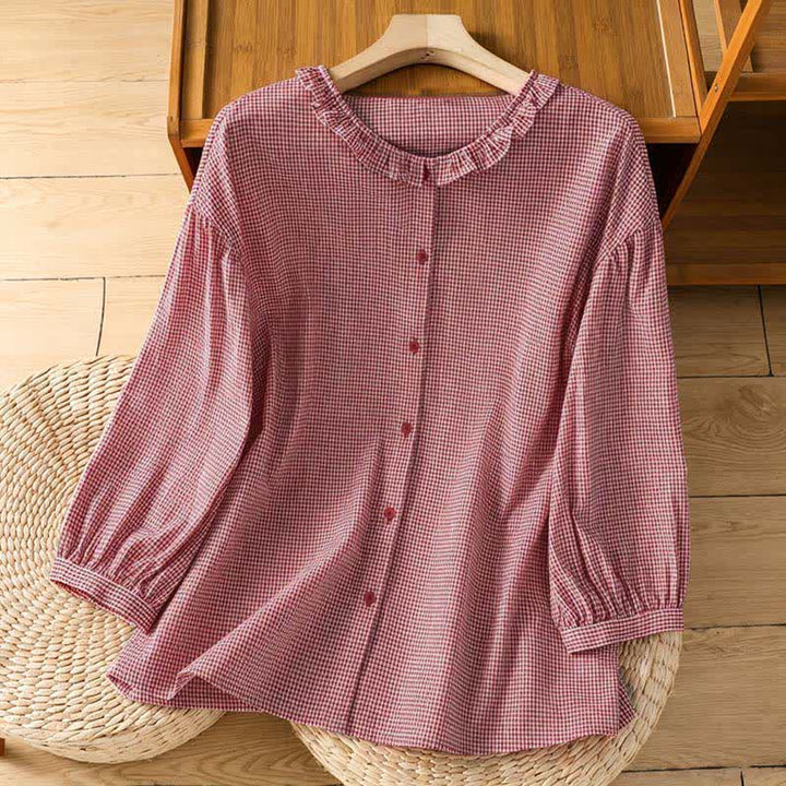 Buddha Stones Spring Button-Up Gingham Women's Long Sleeve Shirts - LightCoral - US8-10，UK/AU12-14，EU40-42 (2XL) - image 0