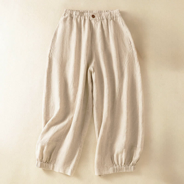 Buddha Stones Summer Casual Solid Cropped Elastic Waist Women's Harem Pants With Pockets - Linen - US8-10，UK/AU12-14，EU40-42 (2XL) - image 0
