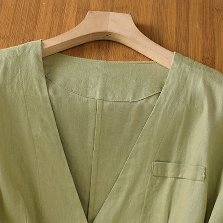 Buddha Stones Summer Casual Button-Up Solid V-Neck Women's Short Sleeve Shirts With Pockets - image 2