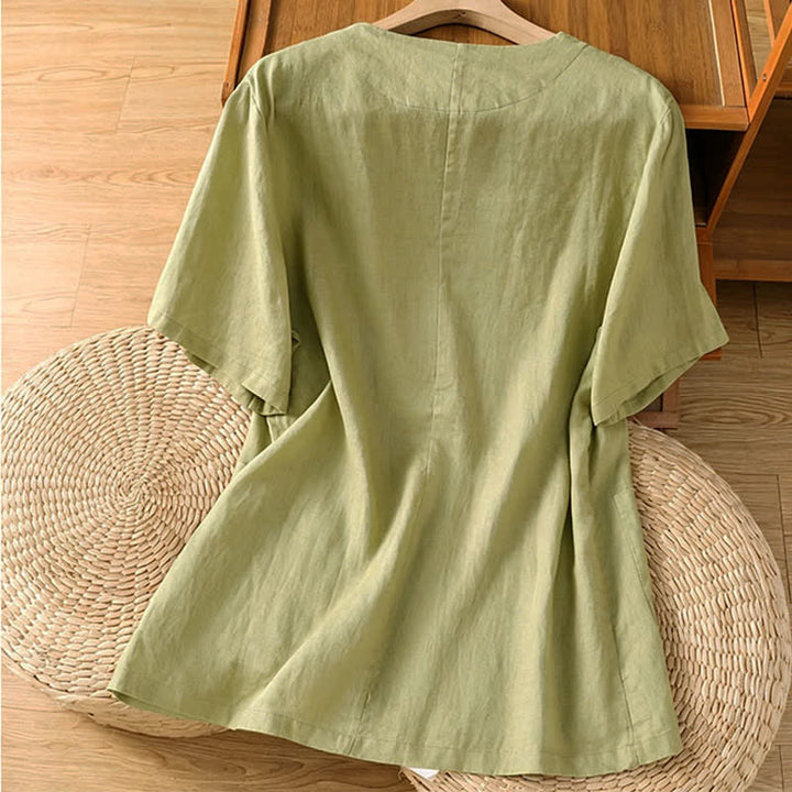 Buddha Stones Summer Casual Button-Up Solid V-Neck Women's Short Sleeve Shirts With Pockets - image 1