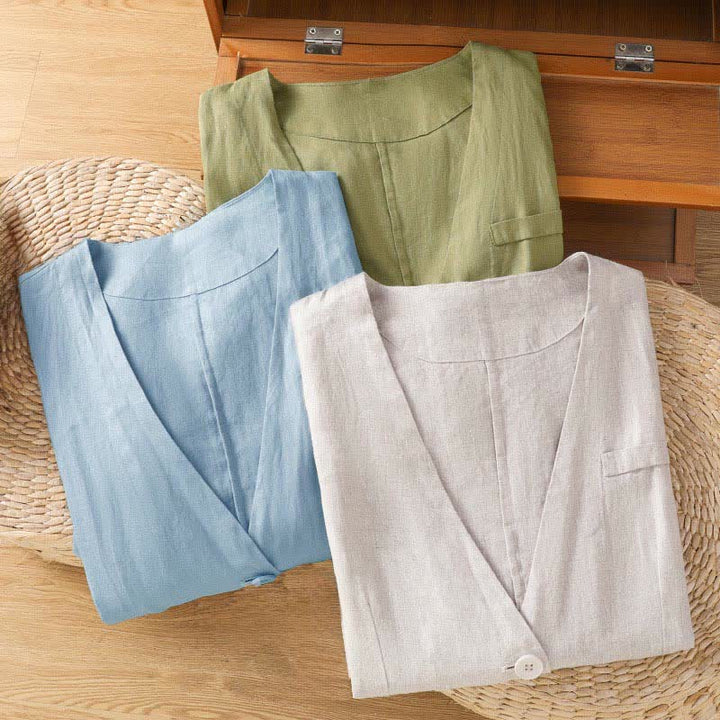 Buddha Stones Summer Casual Button-Up Solid V-Neck Women's Short Sleeve Shirts With Pockets - image 27
