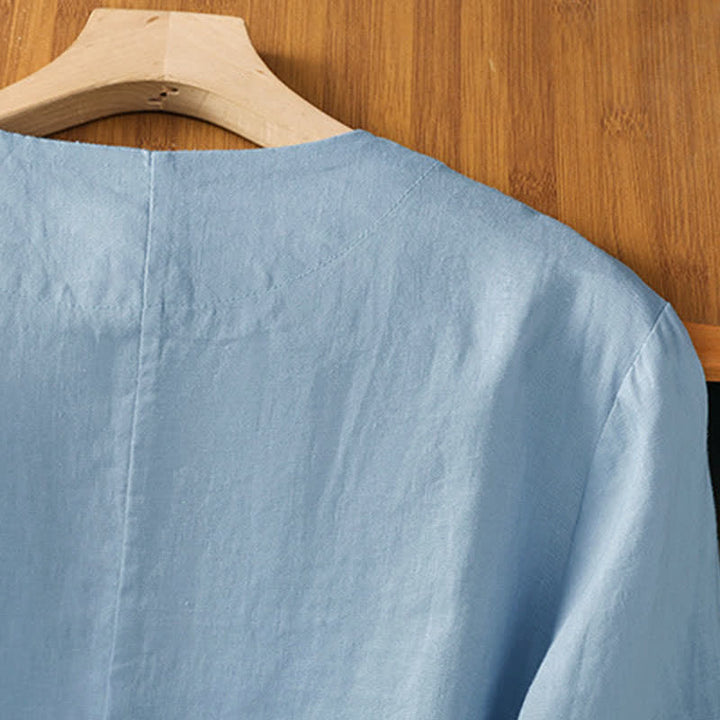 Buddha Stones Summer Casual Button-Up Solid V-Neck Women's Short Sleeve Shirts With Pockets - image 12