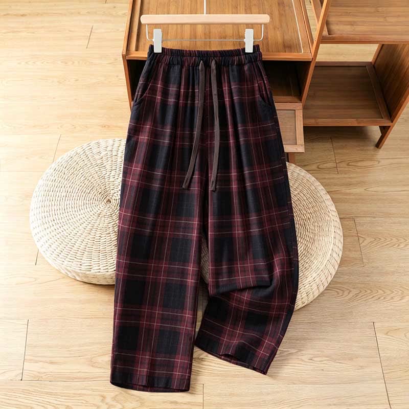 Buddha Stones Spring Casual Drawstring Plaid Pattern Elastic Waist Cropped Women's Harem Pants With Pockets - image 12