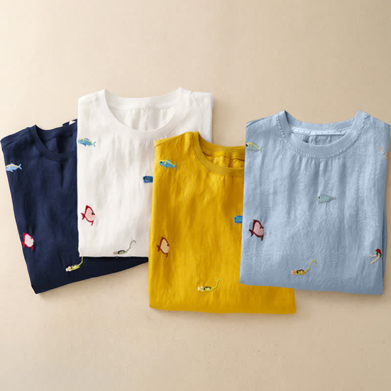 Buddha Stones Summer Casual Embroidery Fish Motif Women's Short Sleeve T-Shirts - image 29