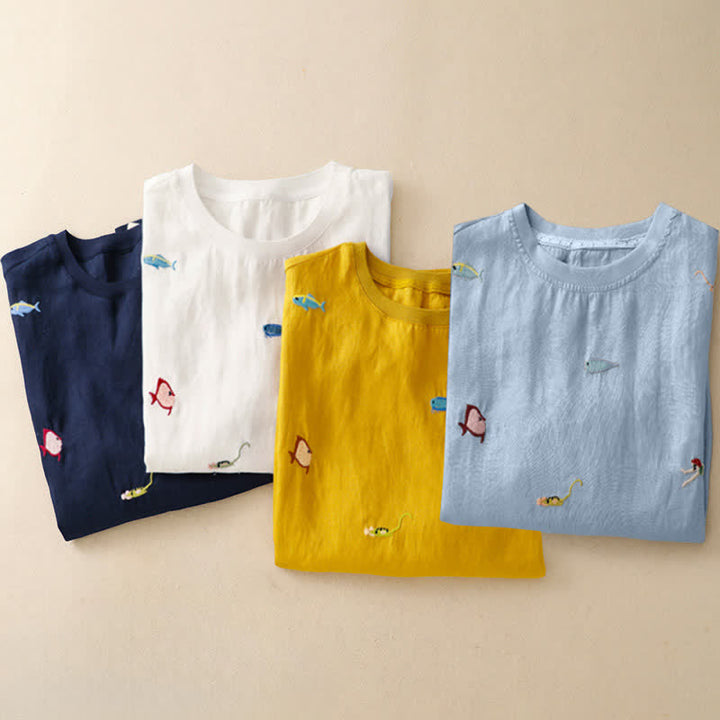 Buddha Stones Summer Casual Embroidery Fish Motif Women's Short Sleeve T-Shirts - image 29